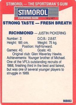 1990 AFL Scanlens Stimorol #163 Justin Pickering Back